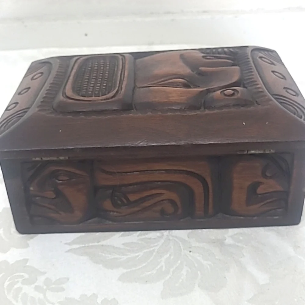 Wooden Humidor Box Stained Carved Man Tribal Tiki  Cigar Box Vintage
